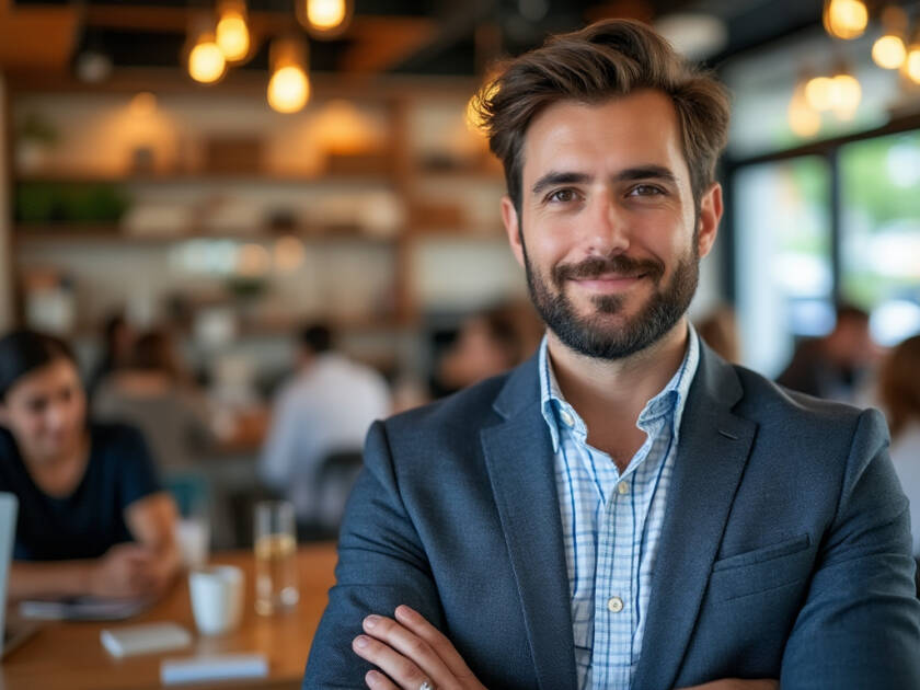 A financial coach in a crowded coffee shop